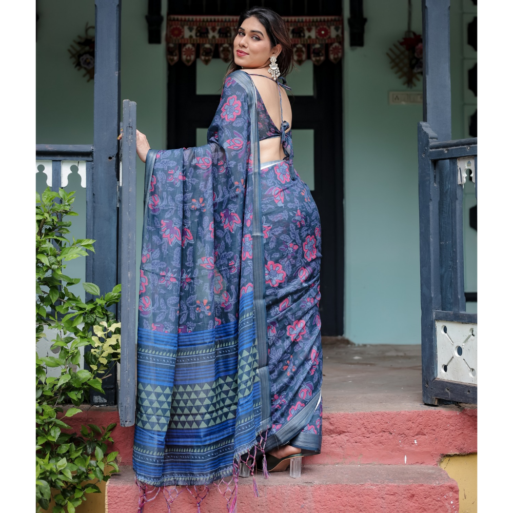 Handloom Linen Floral Printed Saree with Tasssl on Edge & Attached Blouse Pieces (Pack of 1)