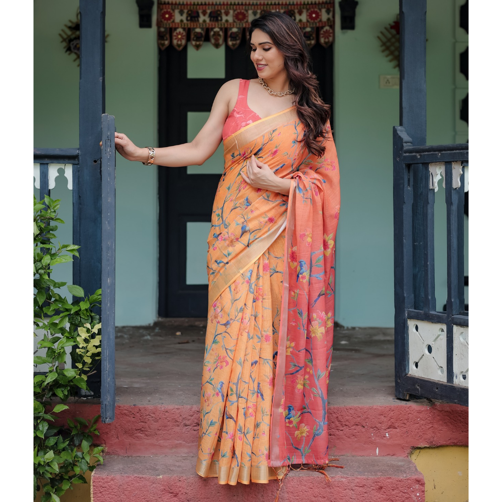 Handloom Linen Floral Printed Saree with Tasssl on Edge & Attached Blouse Pieces (Pack of 1)