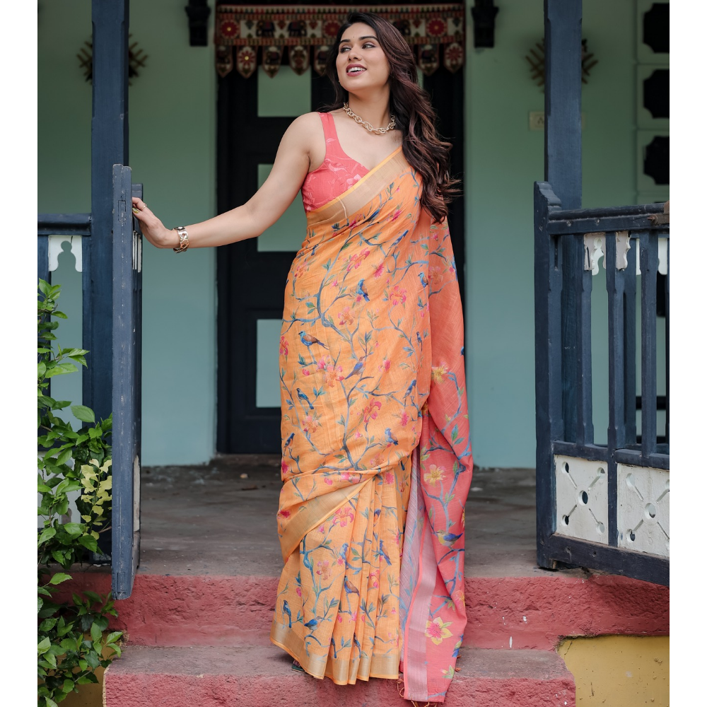 Handloom Linen Floral Printed Saree with Tasssl on Edge & Attached Blouse Pieces (Pack of 1)