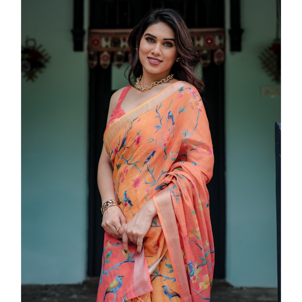 Handloom Linen Floral Printed Saree with Tasssl on Edge & Attached Blouse Pieces (Pack of 1)