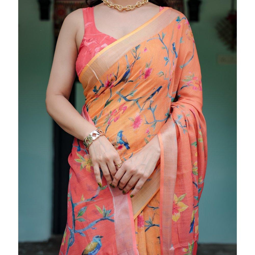 Handloom Linen Floral Printed Saree with Tasssl on Edge & Attached Blouse Pieces (Pack of 1)