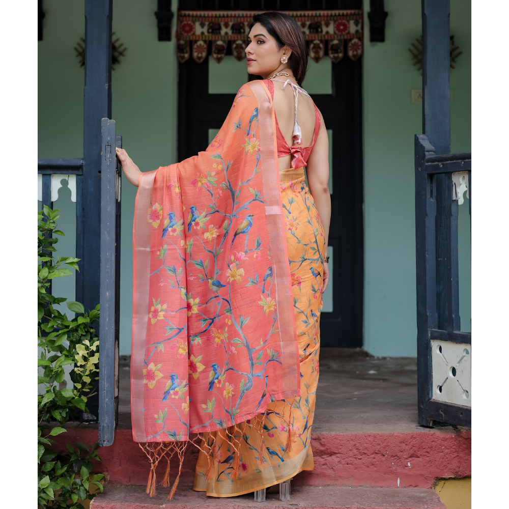 Handloom Linen Floral Printed Saree with Tasssl on Edge & Attached Blouse Pieces (Pack of 1)