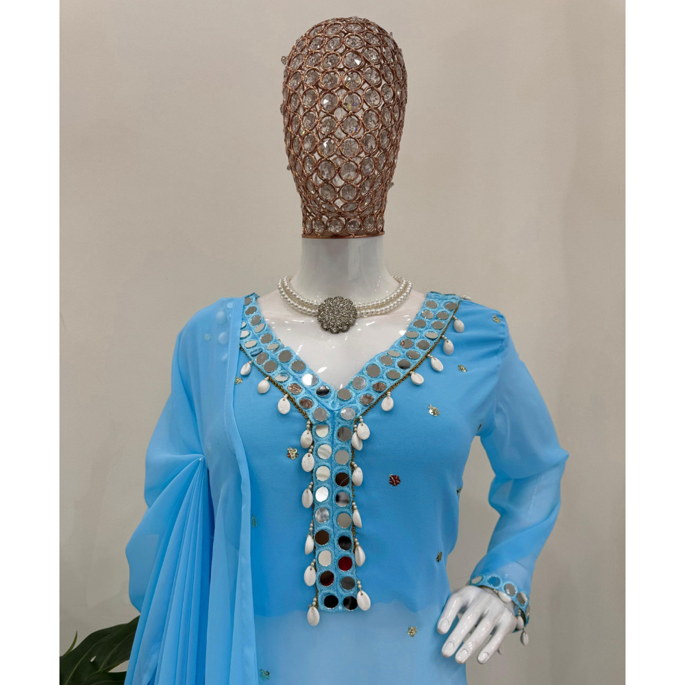 Women's Georgette Printed Sequence Straight Kurta - Pant with Dupatta Set (Pack of 1)