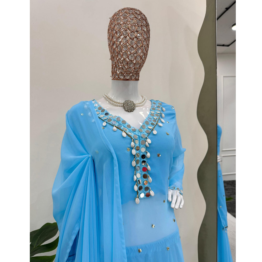 Women's Georgette Printed Sequence Straight Kurta - Pant with Dupatta Set (Pack of 1)