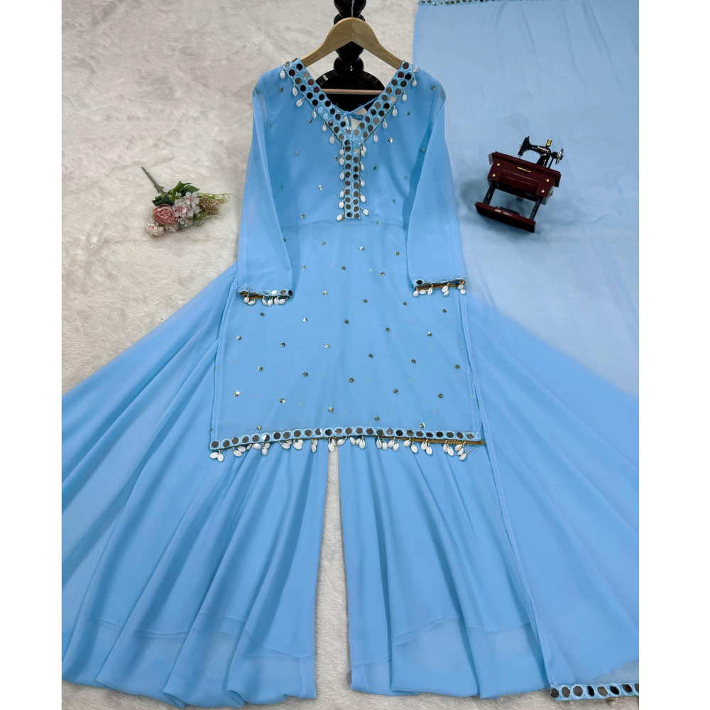 Women's Georgette Printed Sequence Straight Kurta - Pant with Dupatta Set (Pack of 1)