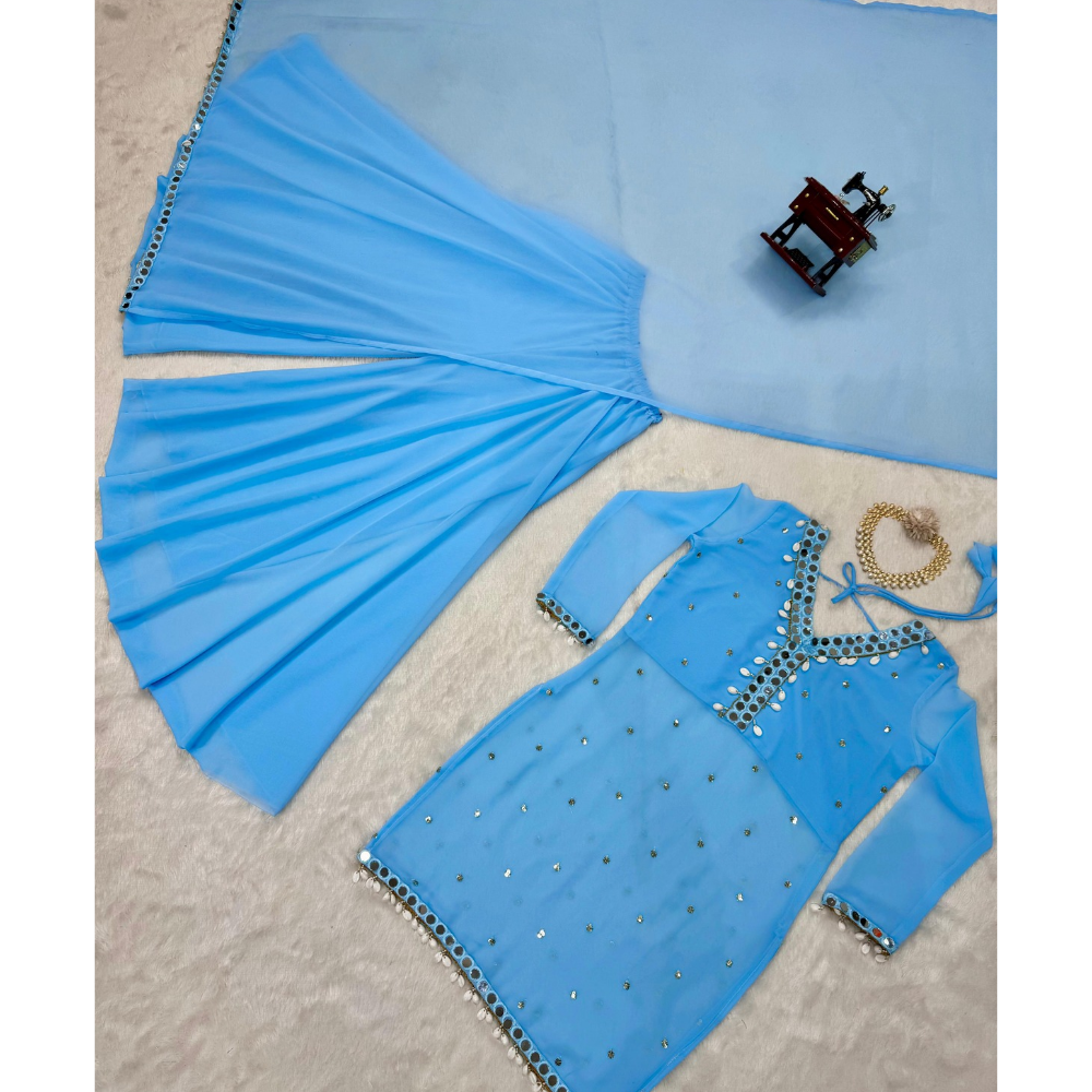 Women's Georgette Printed Sequence Straight Kurta - Pant with Dupatta Set (Pack of 1)