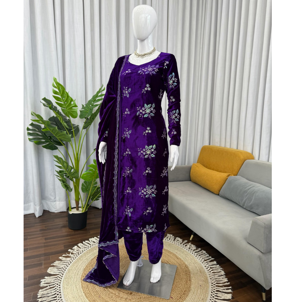 Women's Elegant Heavy Velvet Straight Kurta - Pant with Dupatta Set (Pack of 1)