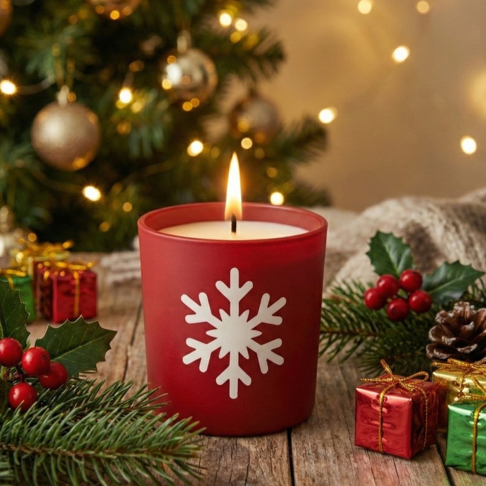 Red Snowflake Christmas Decorative Candle | Festive Glass Jar Candle for Home Décor & Gifting ( Pack of 2 ))