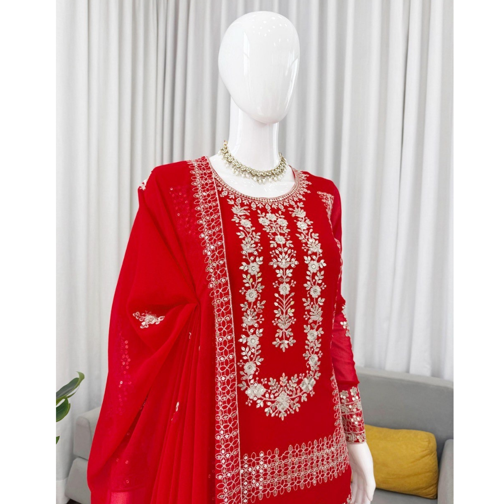 Women's Premium Embroidery Sequence Work Kurta-Palazoo with Dupatta Set (Pack of 1)