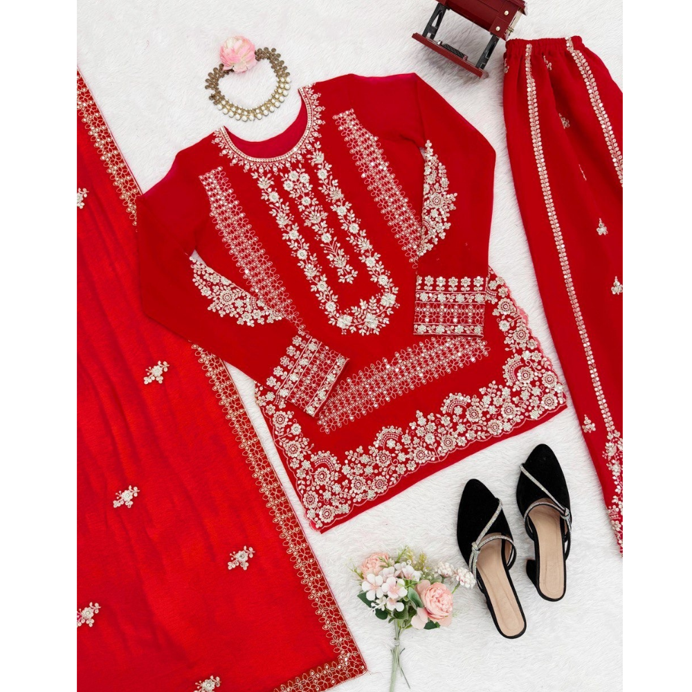 Women's Premium Embroidery Sequence Work Kurta-Palazoo with Dupatta Set (Pack of 1)