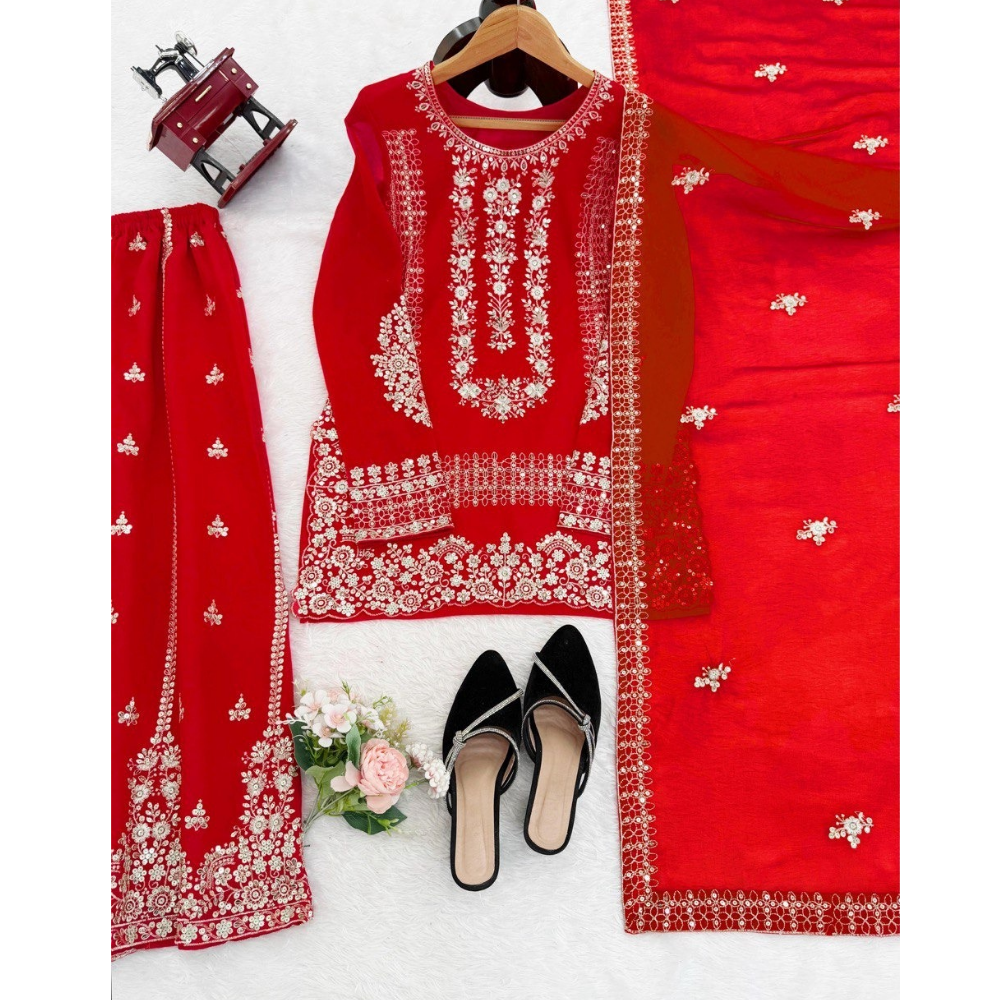 Women's Premium Embroidery Sequence Work Kurta-Palazoo with Dupatta Set (Pack of 1)