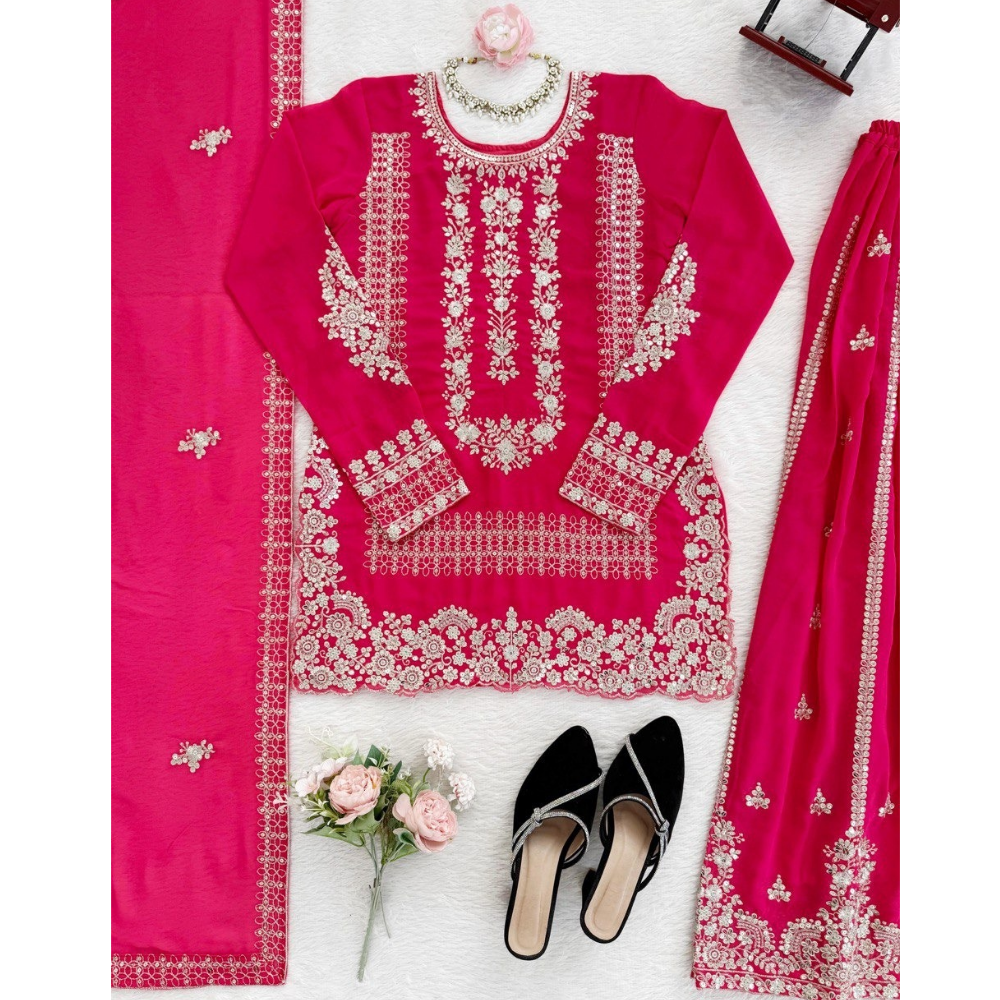 Women's Premium Embroidery Sequence Work Kurta-Palazoo with Dupatta Set (Pack of 1)