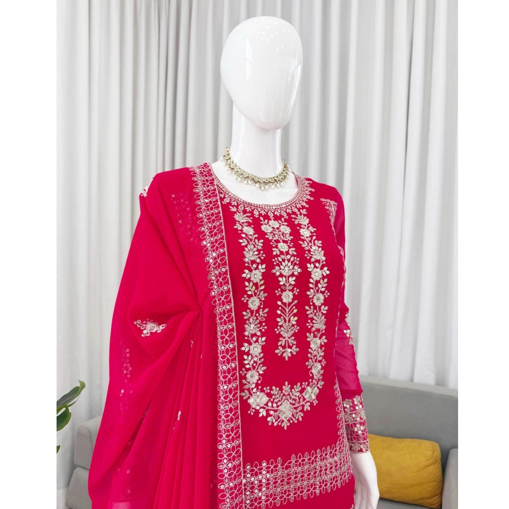 Women's Premium Embroidery Sequence Work Kurta-Palazoo with Dupatta Set (Pack of 1)