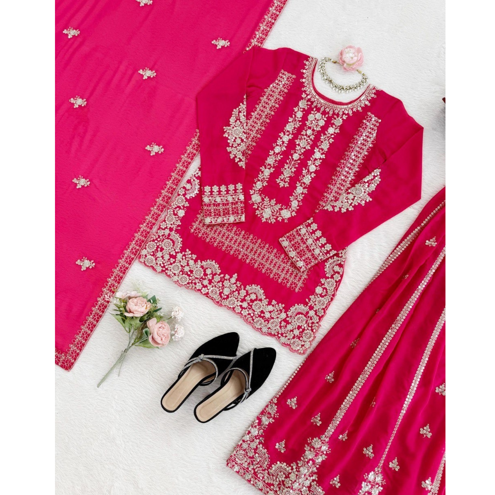 Women's Premium Embroidery Sequence Work Kurta-Palazoo with Dupatta Set (Pack of 1)