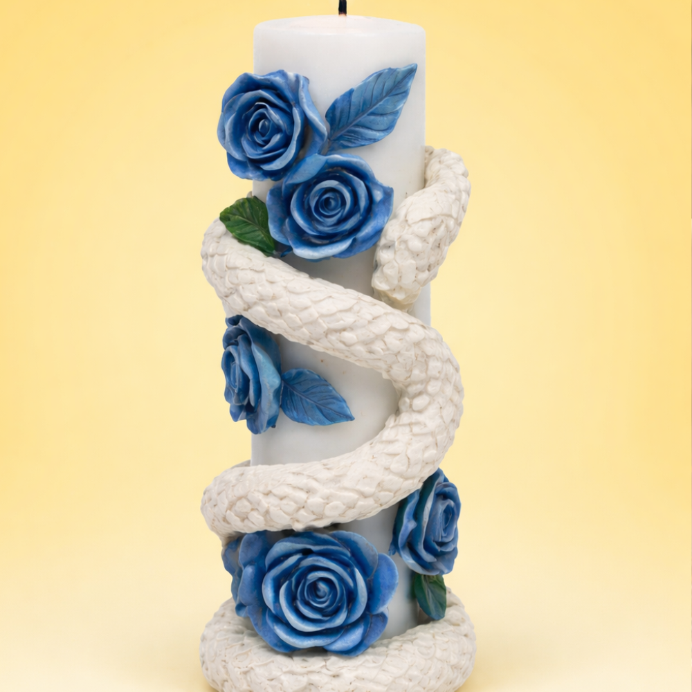Blue Rose Snake Design Pillar Candle – Premium Gift Candle ( PACK OF 2)