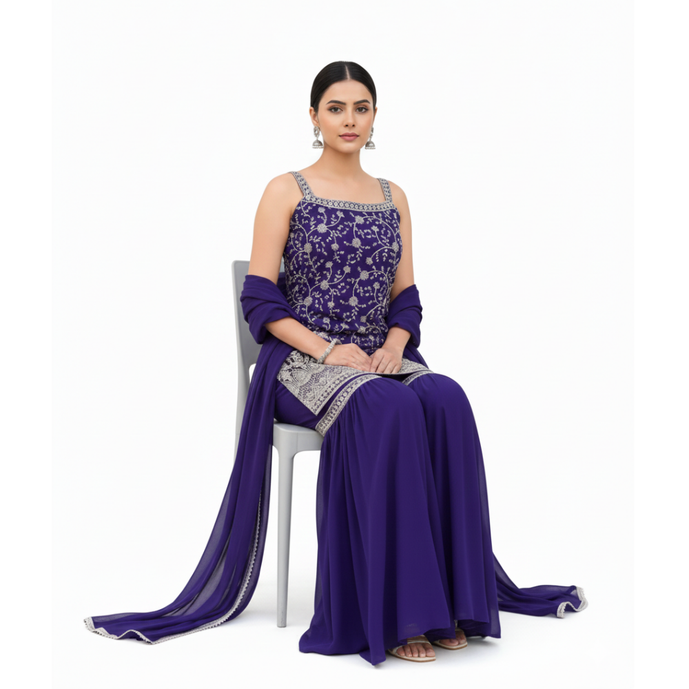 Women's Georgette Blend Printed Straight Kurta - Sharara with Dupatta Set (Pack of 1)