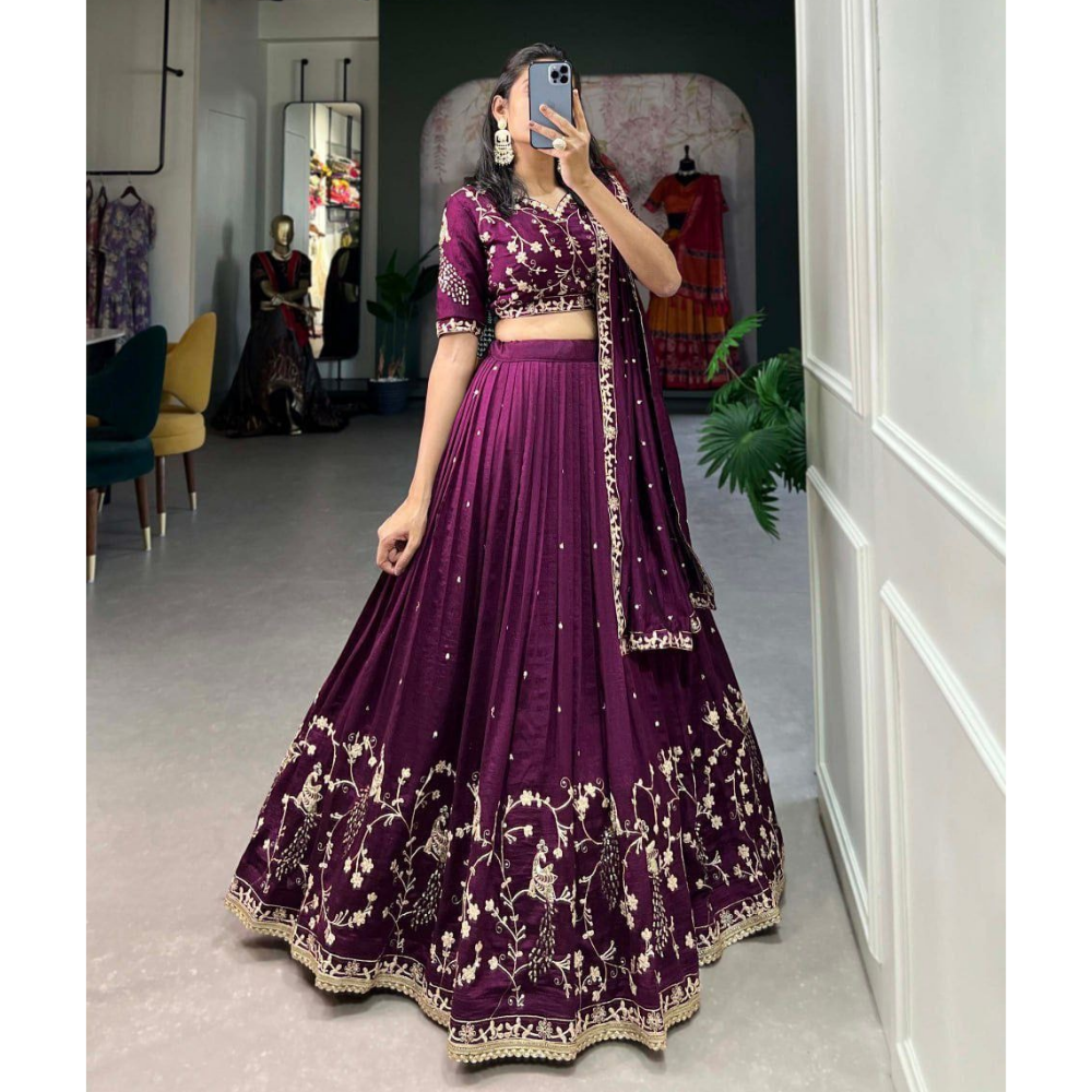 Women’s Designer Vichitra Silk Sequins Embroidered Lehenga Choli with Dupatta Set (Pack of 1)