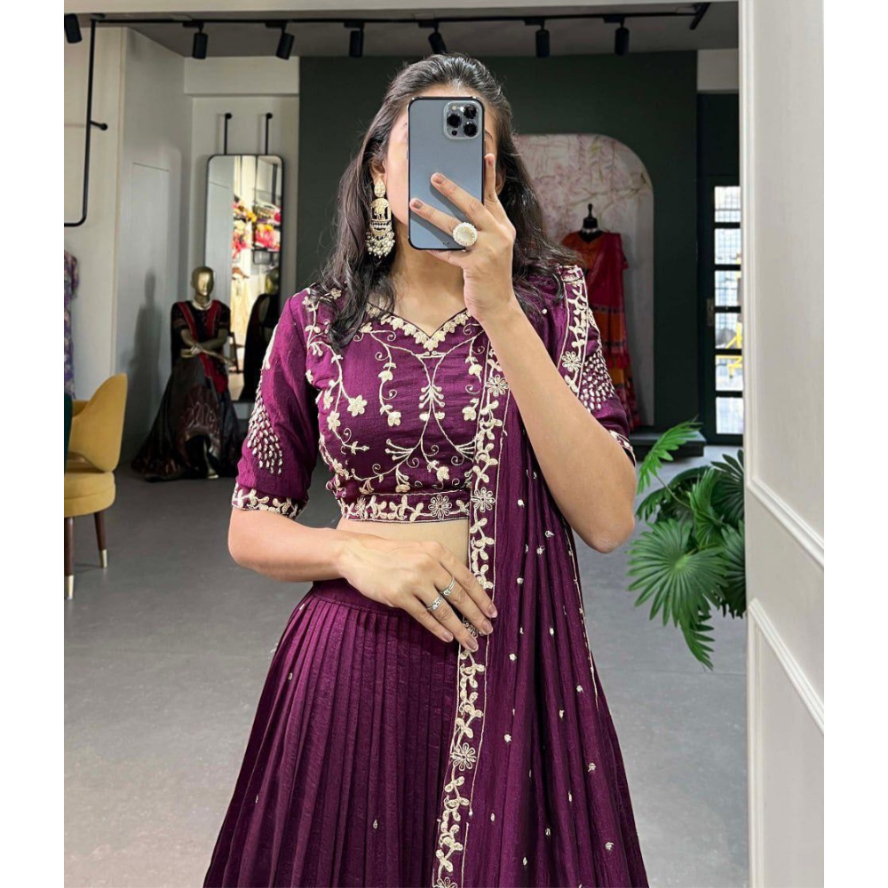 Women’s Designer Vichitra Silk Sequins Embroidered Lehenga Choli with Dupatta Set (Pack of 1)