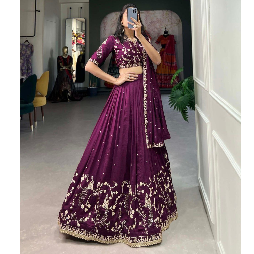 Women’s Designer Vichitra Silk Sequins Embroidered Lehenga Choli with Dupatta Set (Pack of 1)