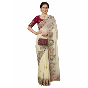 Party Wear Soft Heavy Georgette Saree with C-Pallu & Heavy Embroidery Unstitched BP (Pack of 1)