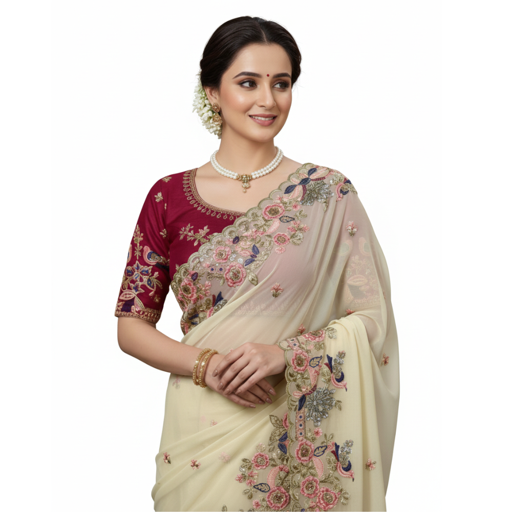 Party Wear Soft Heavy Georgette Saree with C-Pallu & Heavy Embroidery Unstitched BP (Pack of 1)