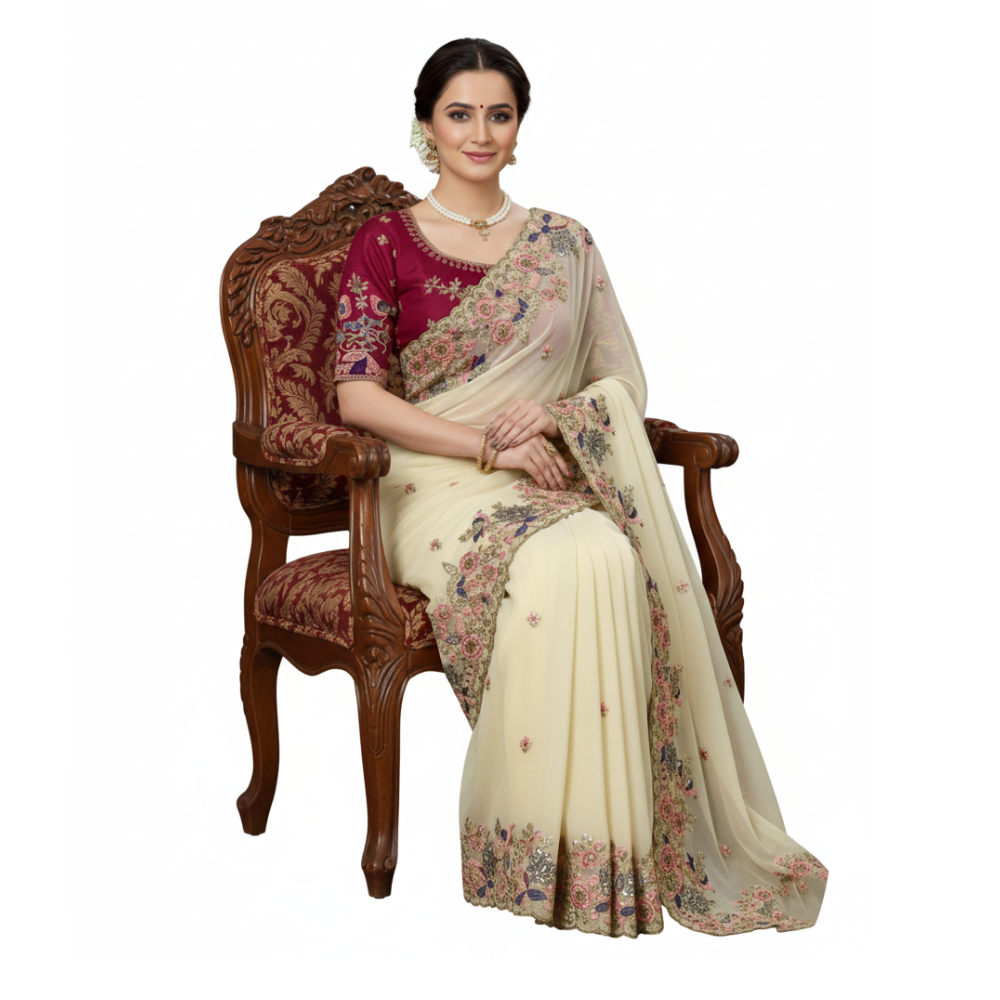 Party Wear Soft Heavy Georgette Saree with C-Pallu & Heavy Embroidery Unstitched BP (Pack of 1)