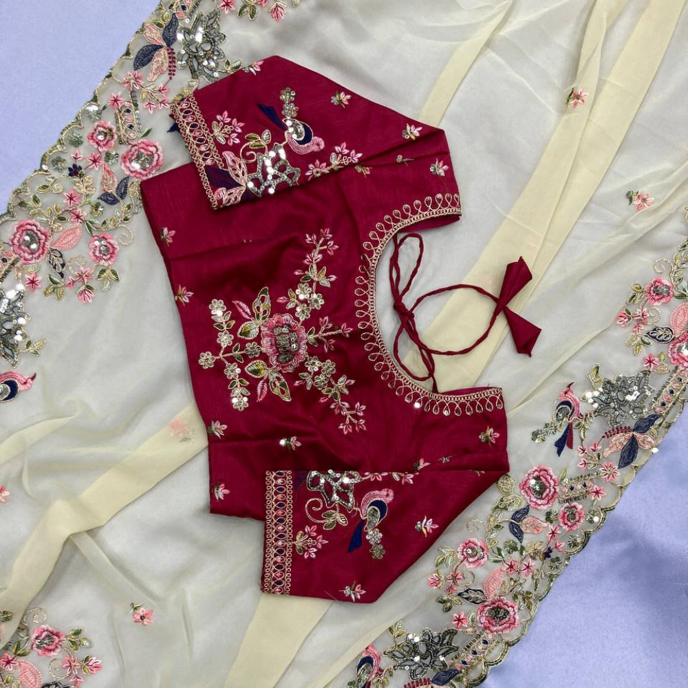 Party Wear Soft Heavy Georgette Saree with C-Pallu & Heavy Embroidery Unstitched BP (Pack of 1)