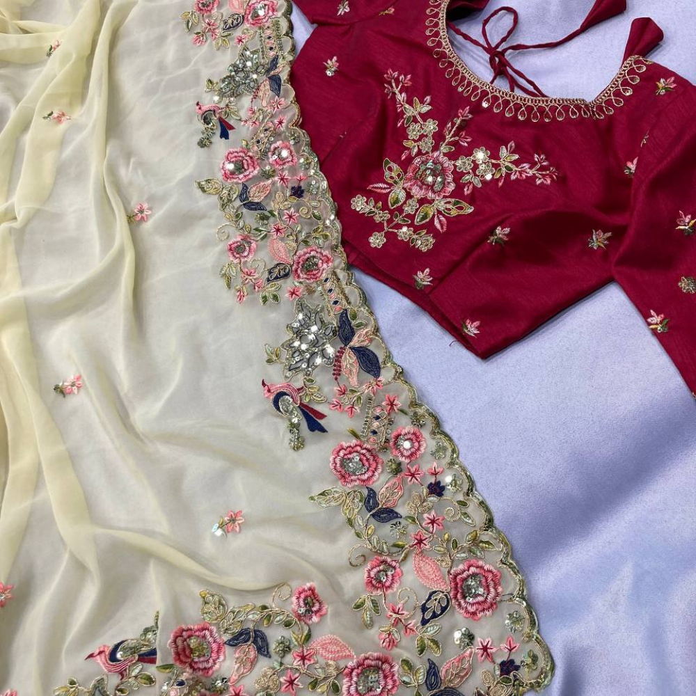 Party Wear Soft Heavy Georgette Saree with C-Pallu & Heavy Embroidery Unstitched BP (Pack of 1)