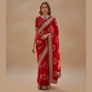 Party Wear Soft Georgette Bandhej Saree with Heavy Embroidery Lace Border with Unstitched BP (Pack of 1)