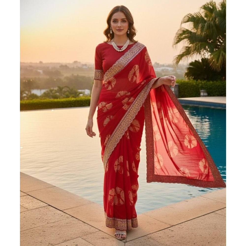 Party Wear Soft Georgette Bandhej Saree with Heavy Embroidery Lace Border with Unstitched BP (Pack of 1)