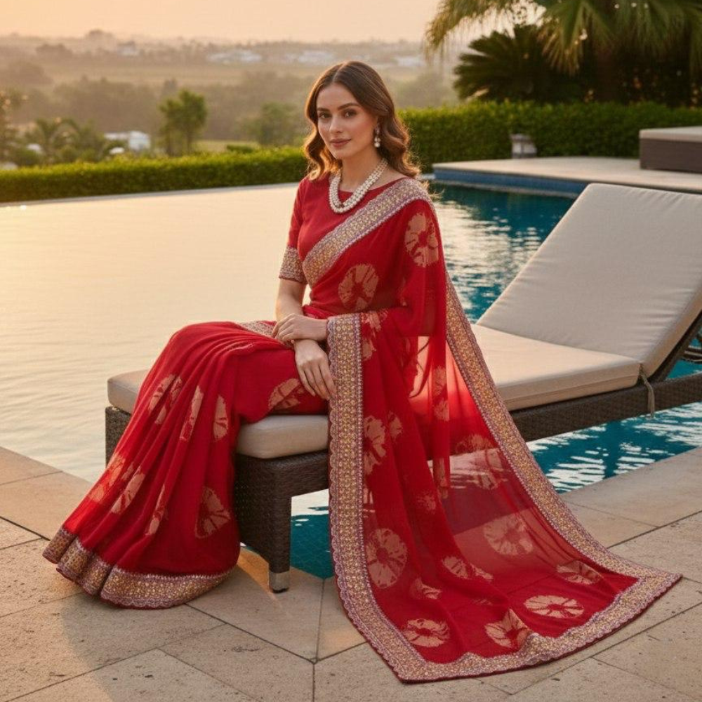 Party Wear Soft Georgette Bandhej Saree with Heavy Embroidery Lace Border with Unstitched BP (Pack of 1)