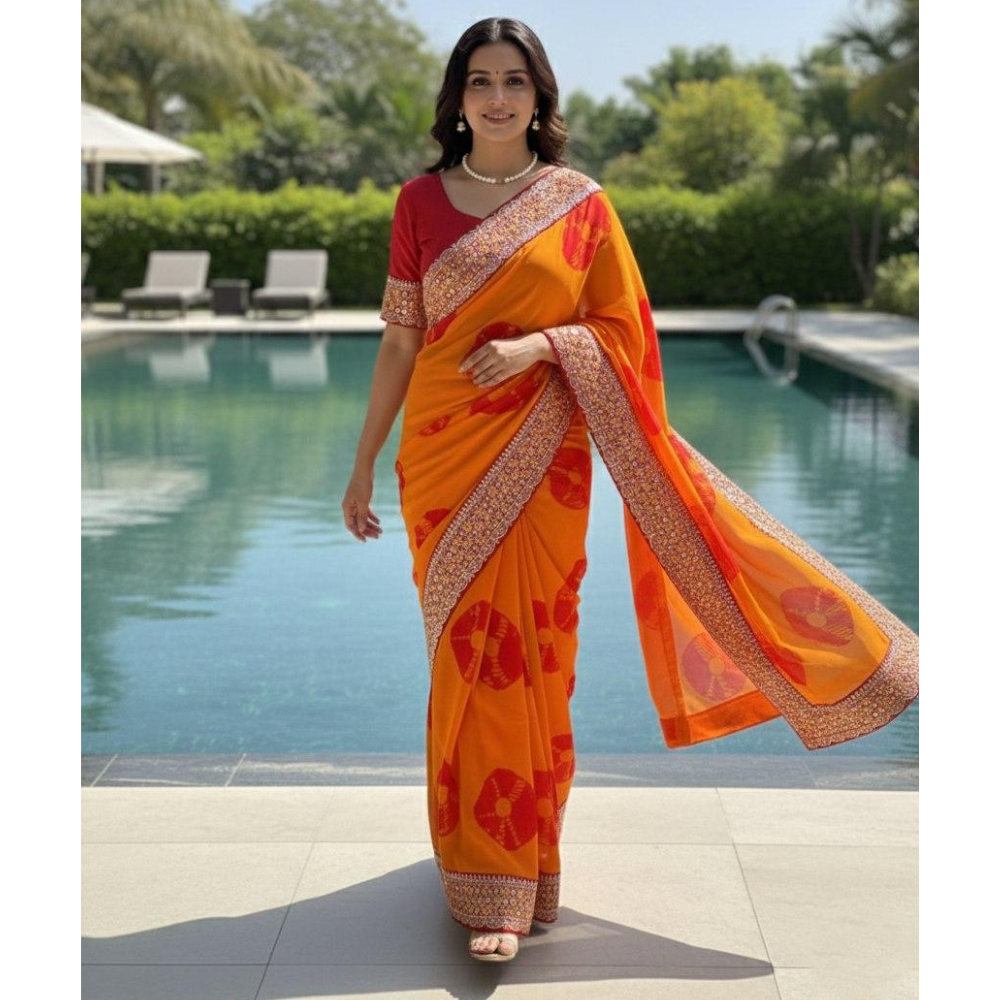 Party Wear Soft Georgette Bandhej Saree with Heavy Embroidery Lace Border with Unstitched BP (Pack of 1)