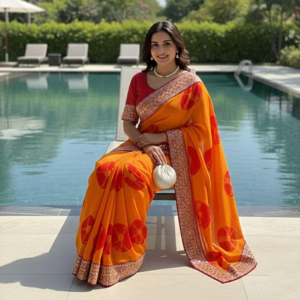 Party Wear Soft Georgette Bandhej Saree with Heavy Embroidery Lace Border with Unstitched BP (Pack of 1)