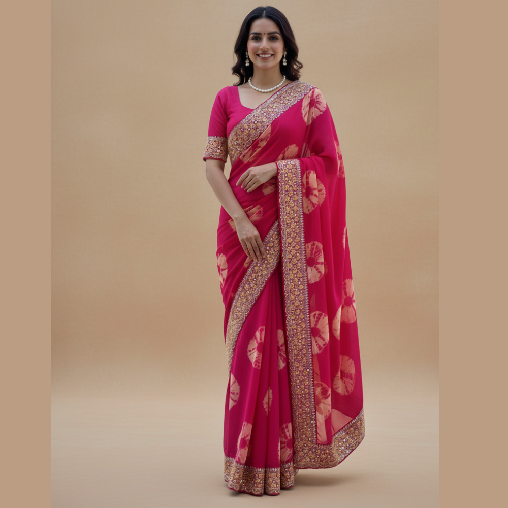 Party Wear Soft Georgette Bandhej Saree with Heavy Embroidery Lace Border with Unstitched BP (Pack of 1)