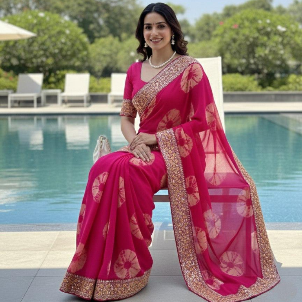 Party Wear Soft Georgette Bandhej Saree with Heavy Embroidery Lace Border with Unstitched BP (Pack of 1)