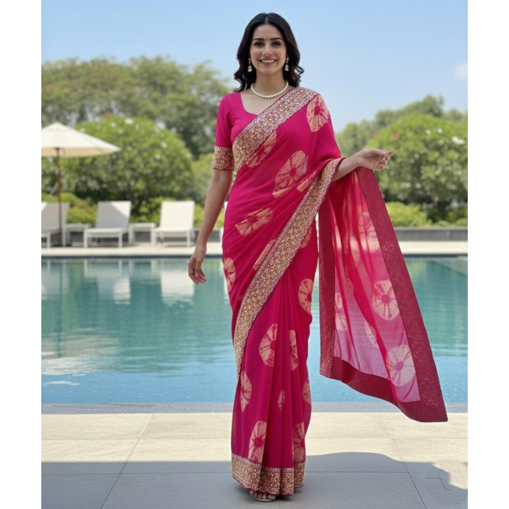 Party Wear Soft Georgette Bandhej Saree with Heavy Embroidery Lace Border with Unstitched BP (Pack of 1)