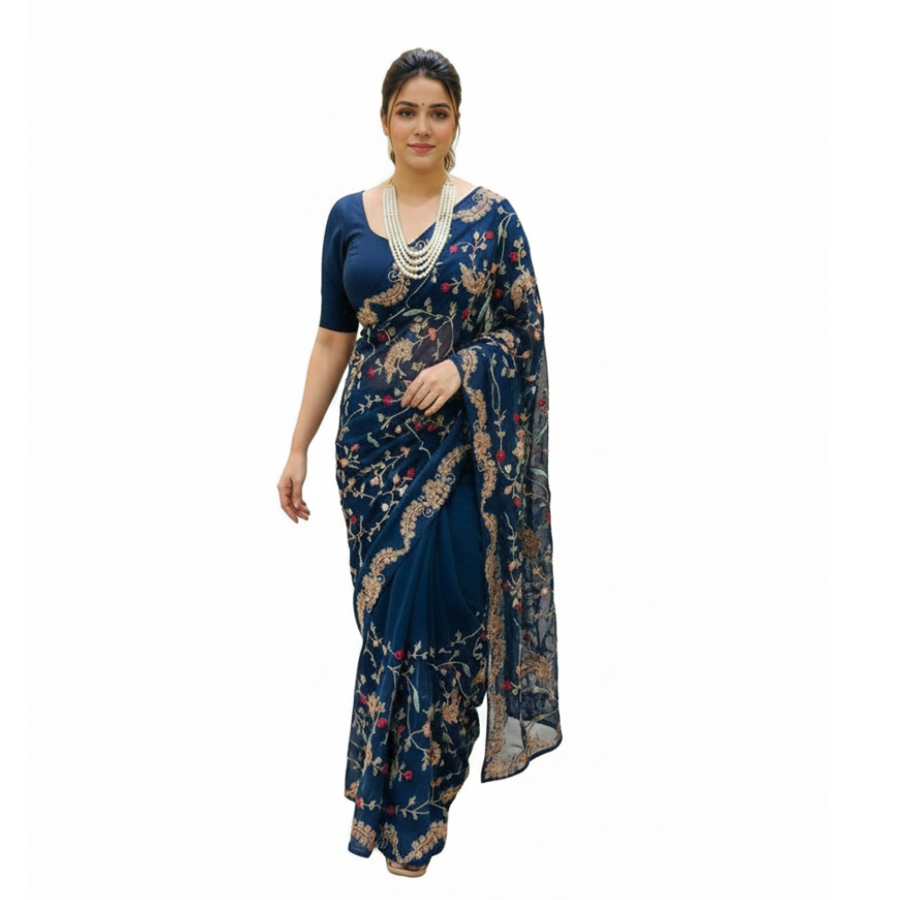 Premium Rangoli Silk Party Wear with C-Pallu Embroidery with Unstitched BP (Pack of 1)