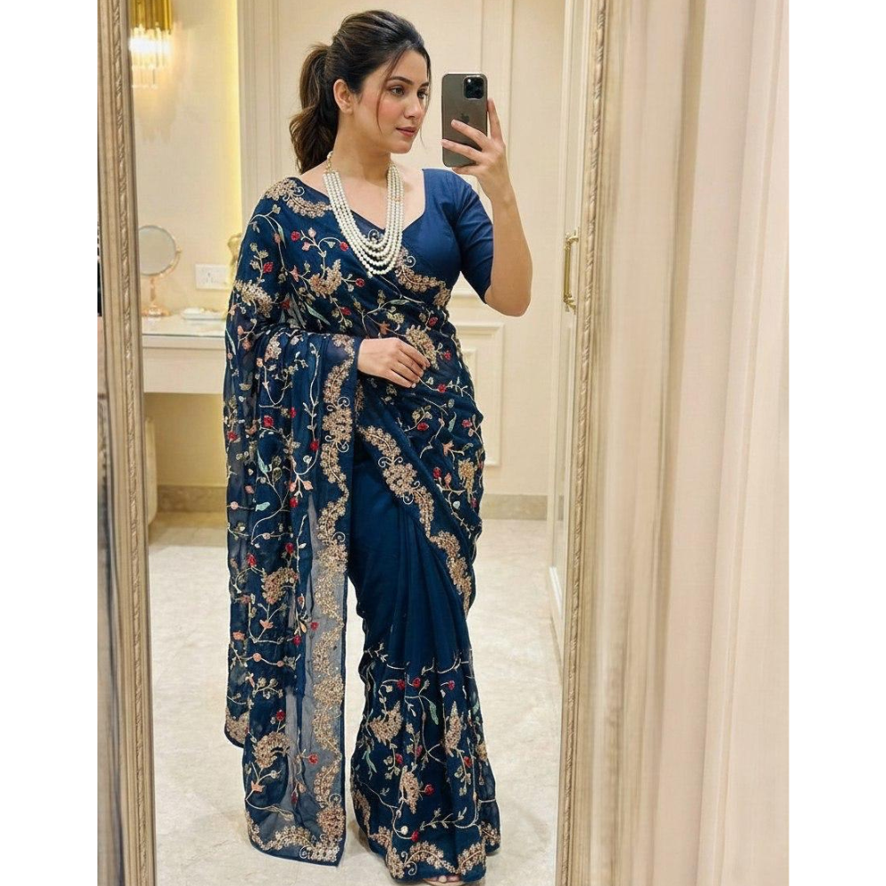 Premium Rangoli Silk Party Wear with C-Pallu Embroidery with Unstitched BP (Pack of 1)