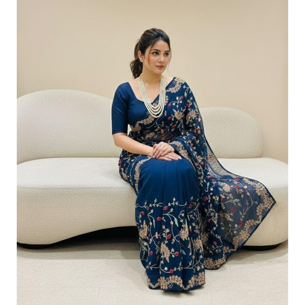 Premium Rangoli Silk Party Wear with C-Pallu Embroidery with Unstitched BP (Pack of 1)