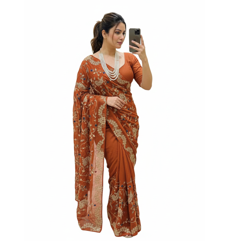 Premium Rangoli Silk Party Wear with C-Pallu Embroidery with Unstitched BP (Pack of 1)