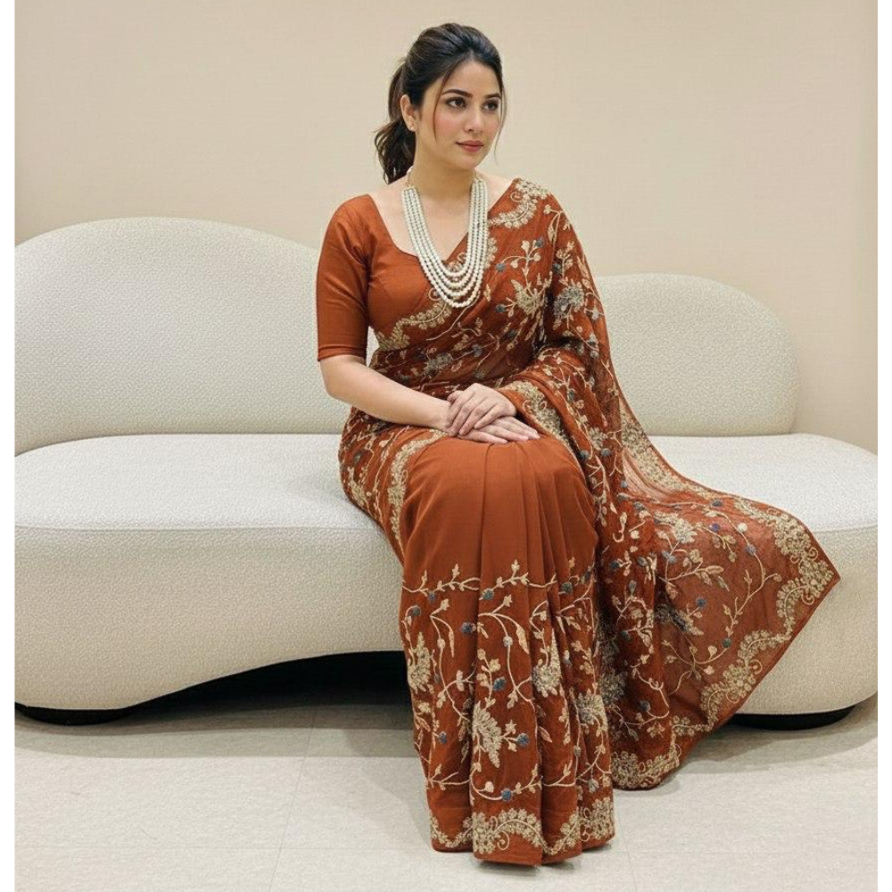 Premium Rangoli Silk Party Wear with C-Pallu Embroidery with Unstitched BP (Pack of 1)