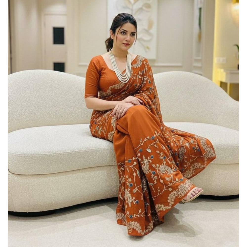 Premium Rangoli Silk Party Wear with C-Pallu Embroidery with Unstitched BP (Pack of 1)