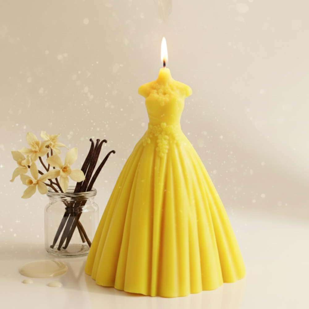 Handcrafted Yellow Gown Art Vanilla Candle (Pack of 1)