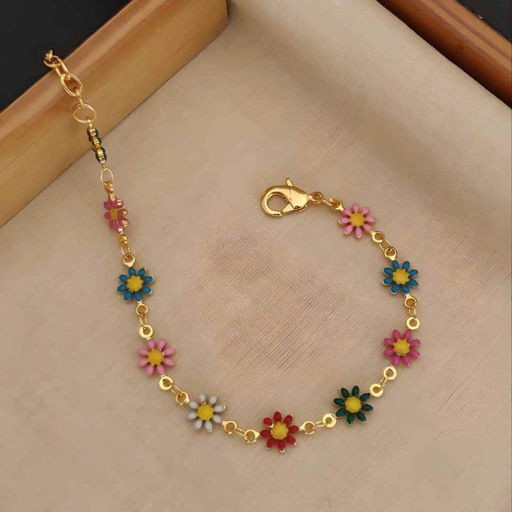 Multicolor Daisy Enamel Gold-Tone Chain Bracelet (Pack of 1)