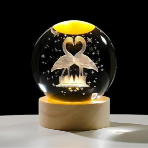 Decorative Glowing Crystal Sphere – 3D Flamingo Design with Warm Wood Base (Pack of 1)