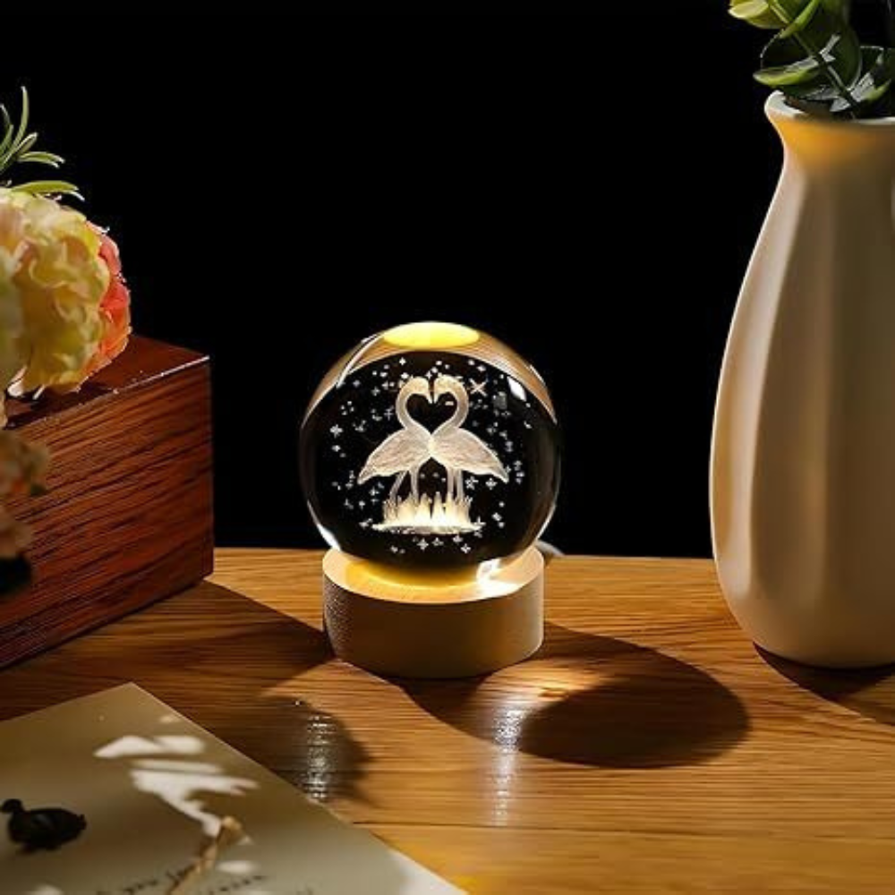 Decorative Glowing Crystal Sphere – 3D Flamingo Design with Warm Wood Base (Pack of 1)