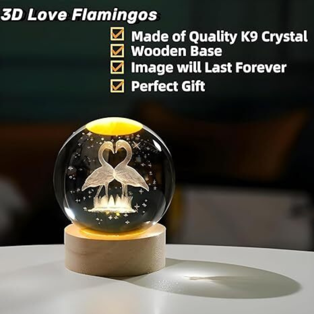 Decorative Glowing Crystal Sphere – 3D Flamingo Design with Warm Wood Base (Pack of 1)