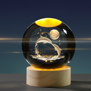 3D Laser Engraved Dolphin Crystal Ball Night Light with Warm LED Wooden Base (Pack of 1)