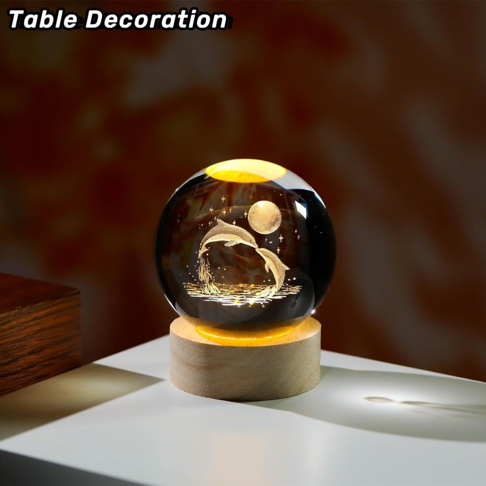 3D Laser Engraved Dolphin Crystal Ball Night Light with Warm LED Wooden Base (Pack of 1)