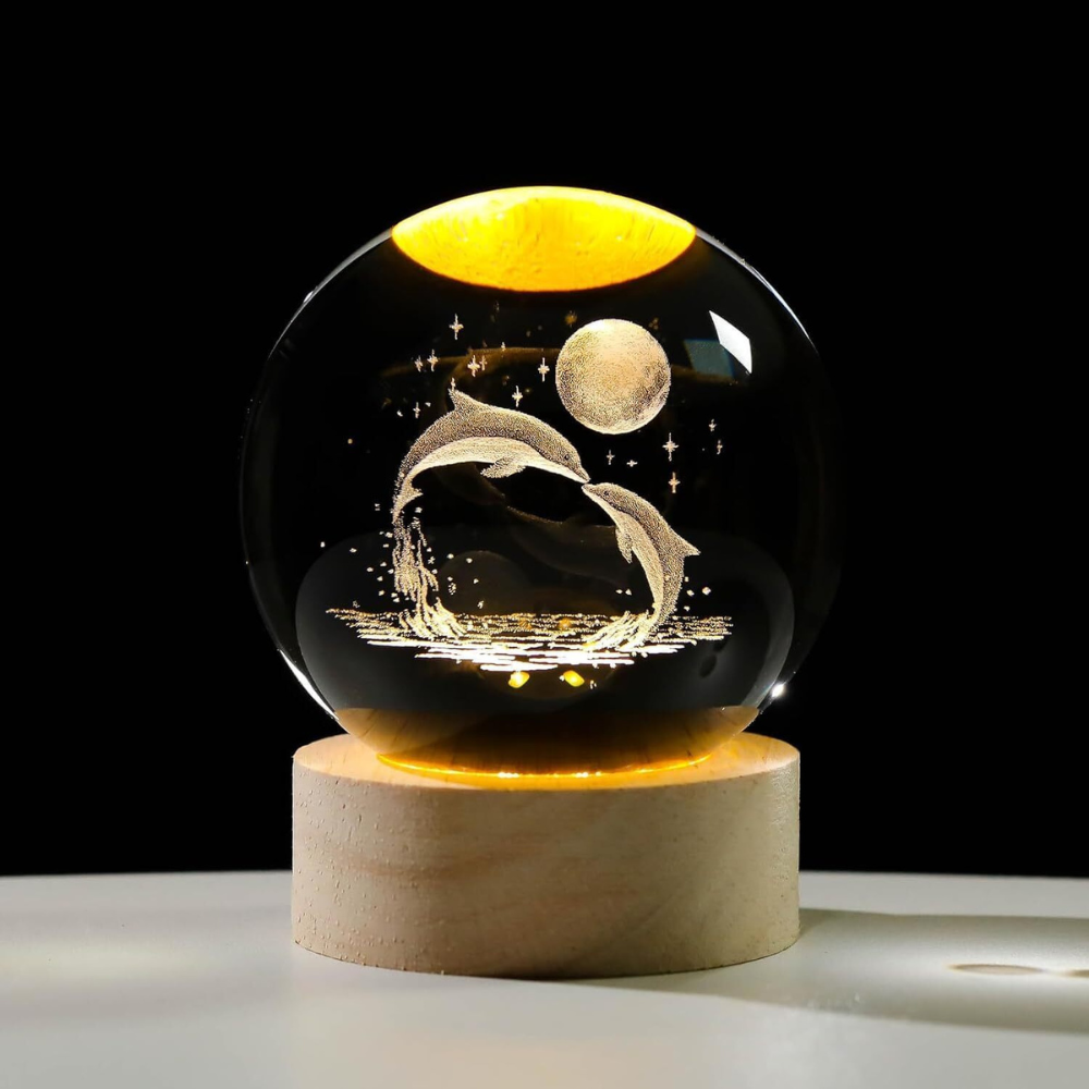 3D Laser Engraved Dolphin Crystal Ball Night Light with Warm LED Wooden Base (Pack of 1)